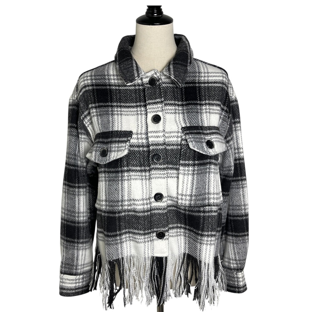Sanctuary Plaid Fringe Shacket‎ Shirt Jacket Womens Size Medium Black White